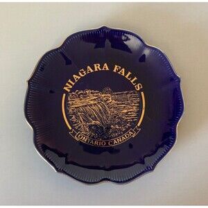 Vintage Niagara Falls Ontario Canada Cobalt Blue Gold Souvenir Plate